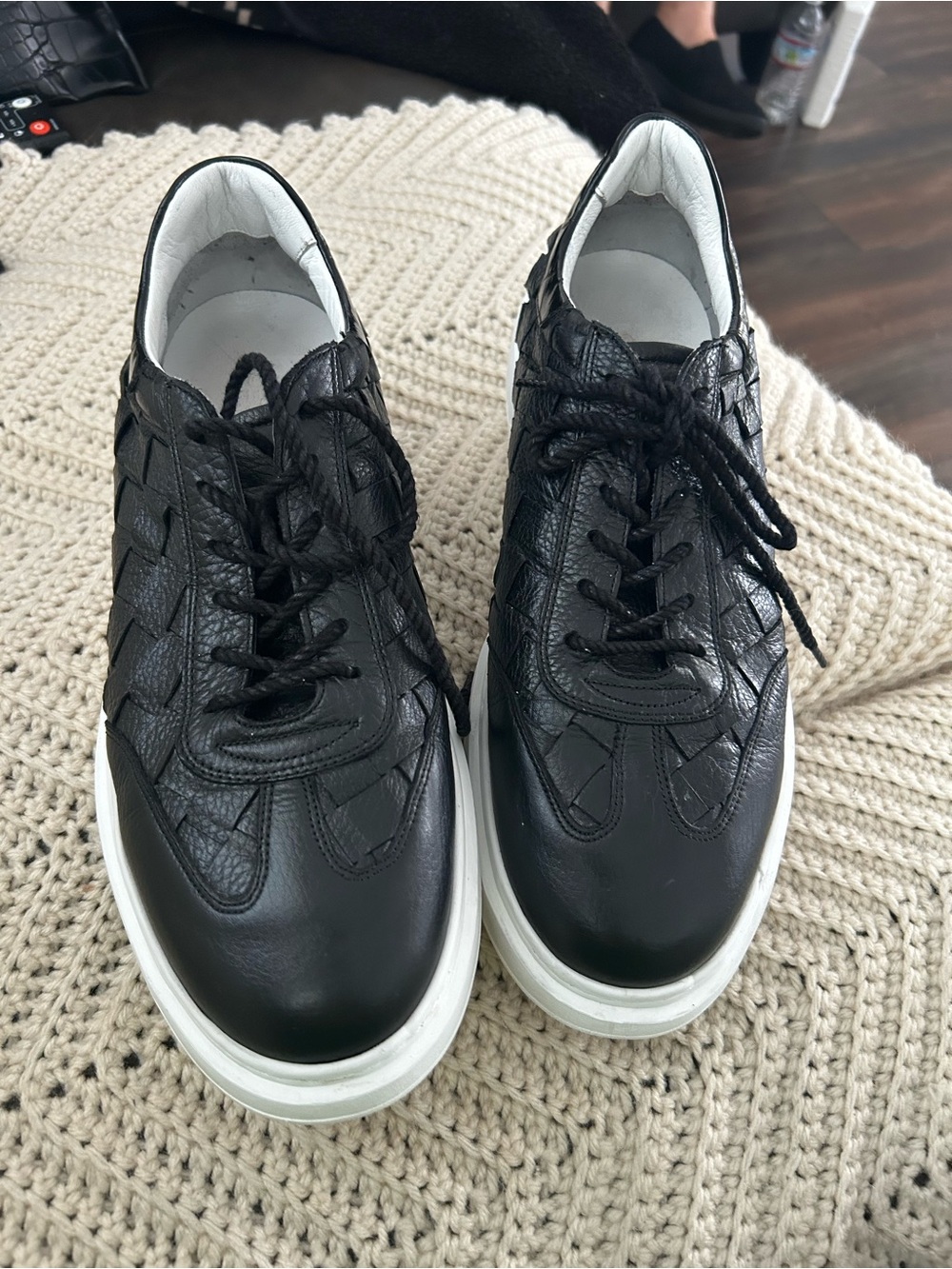 Men's Black Leather Lace-Up Sneakers with White Sole
